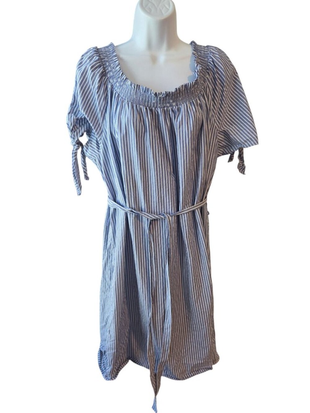 Terra & Sky Dress Womens 1X 16W 18W Blue Stripe Cotton Belted Coastal Boho